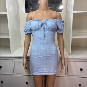 Light Blue Off Shoulder Puff Sleeve Smocked Mini Dress Sweetheart Neck size M